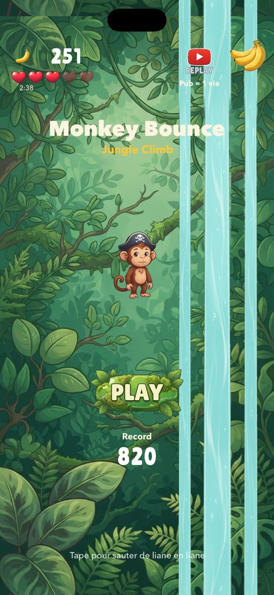 Écran d'accueil de Monkey Bounce avec le bouton PLAY